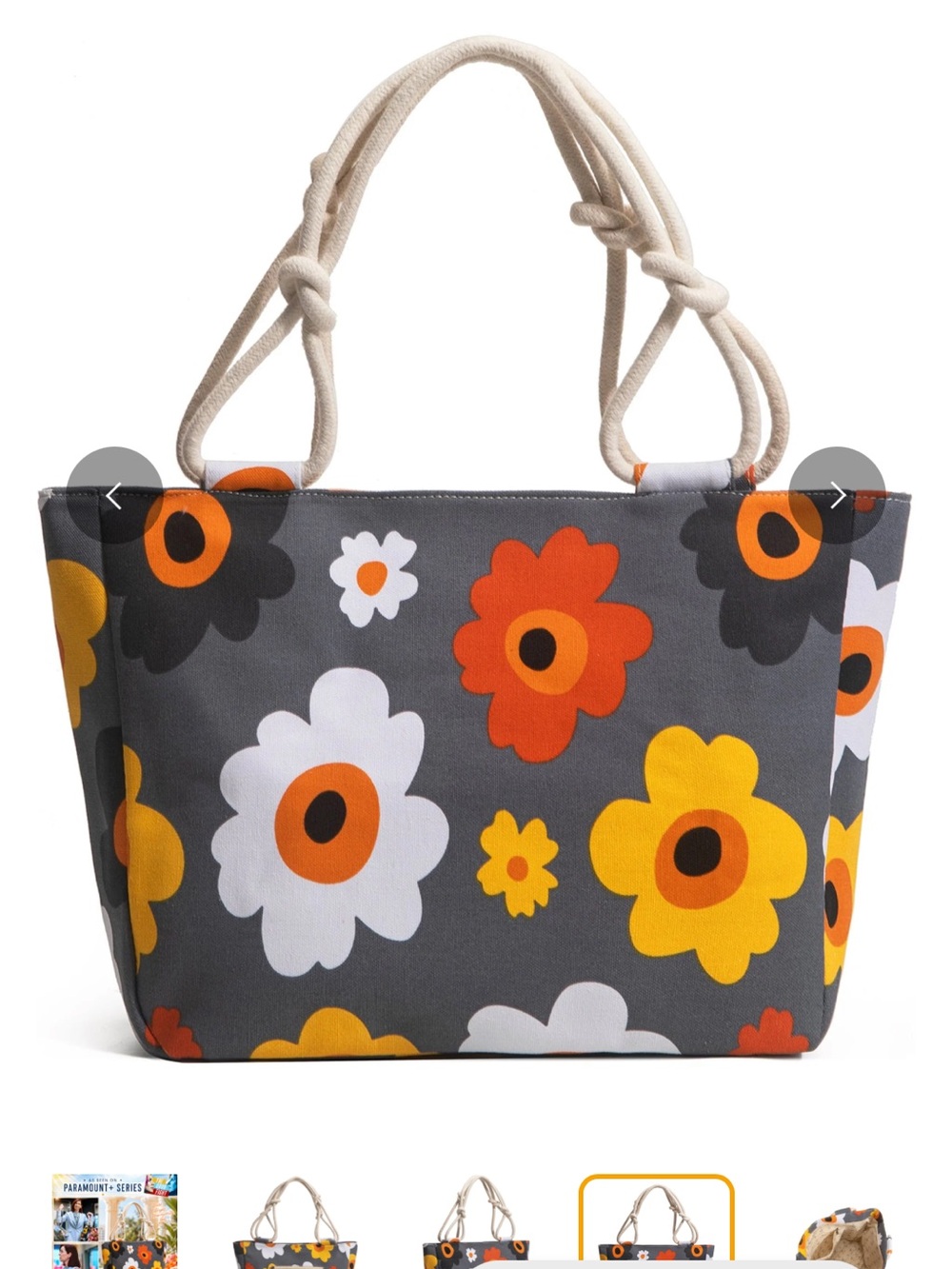 Floral Canvas Tote Bag in Gray with Orange & Yellow Accents